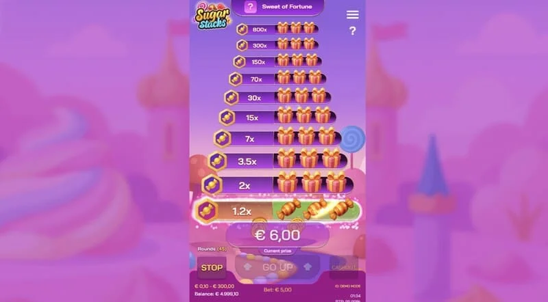 Sugar Stacks – 現在のフロアが点灯し、マルチプライヤーカウンターが表示される勝利のステップ